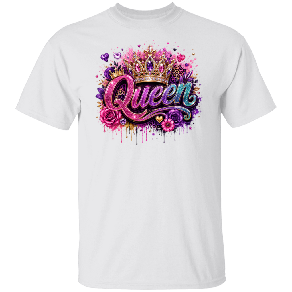 A white short-sleeve crewneck t-shirt featuring a vibrant graphic on the chest with the word 'Queen' in stylized pink and purple lettering, adorned with a gold crown, roses, and paint splatters.