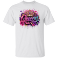 A white short-sleeve crewneck t-shirt featuring a vibrant graphic on the chest with the word 'Queen' in stylized pink and purple lettering, adorned with a gold crown, roses, and paint splatters.