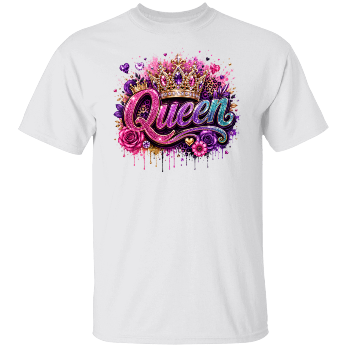 A white short-sleeve crewneck t-shirt featuring a vibrant graphic on the chest with the word 'Queen' in stylized pink and purple lettering, adorned with a gold crown, roses, and paint splatters.