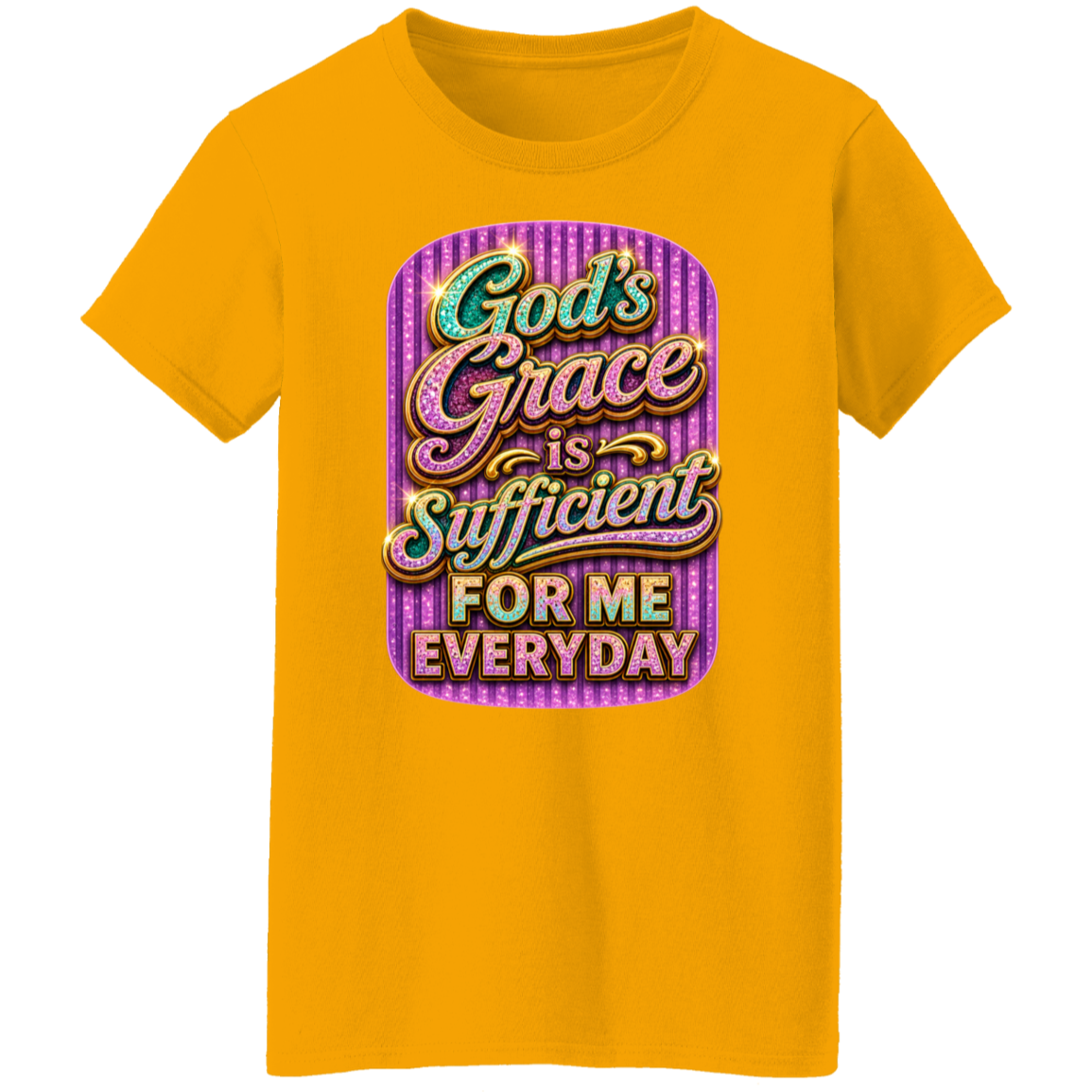 A gold color short-sleeve crewneck t-shirt featuring a colorful graphic print on the front with the text 'God's Grace is Sufficient FOR ME EVERYDAY' in stylized lettering over a purple marquee-style background.
