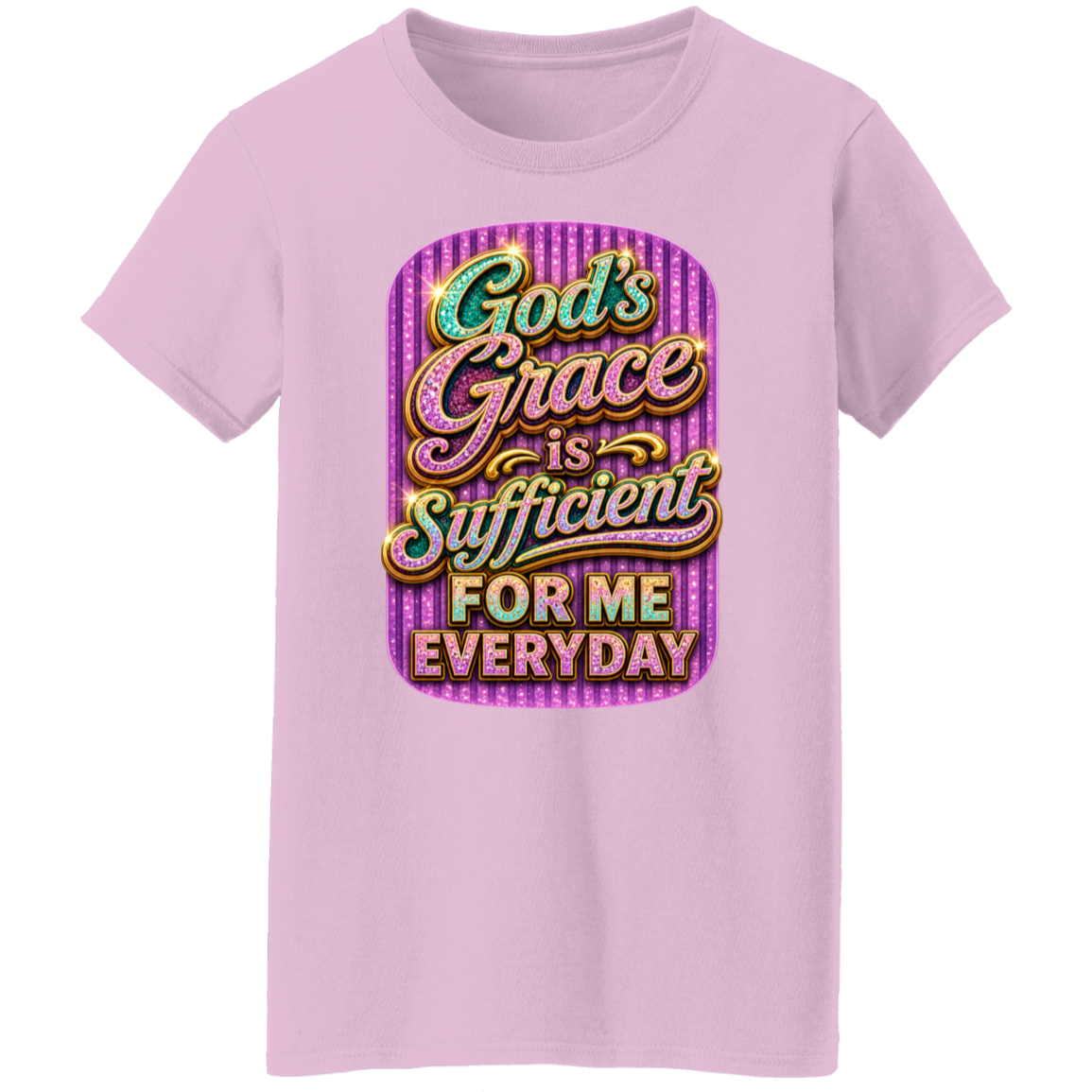 A light pink short-sleeve crewneck t-shirt featuring a colorful graphic print on the front with the text 'God's Grace is Sufficient FOR ME EVERYDAY' in a stylized marquee font over a purple striped background.