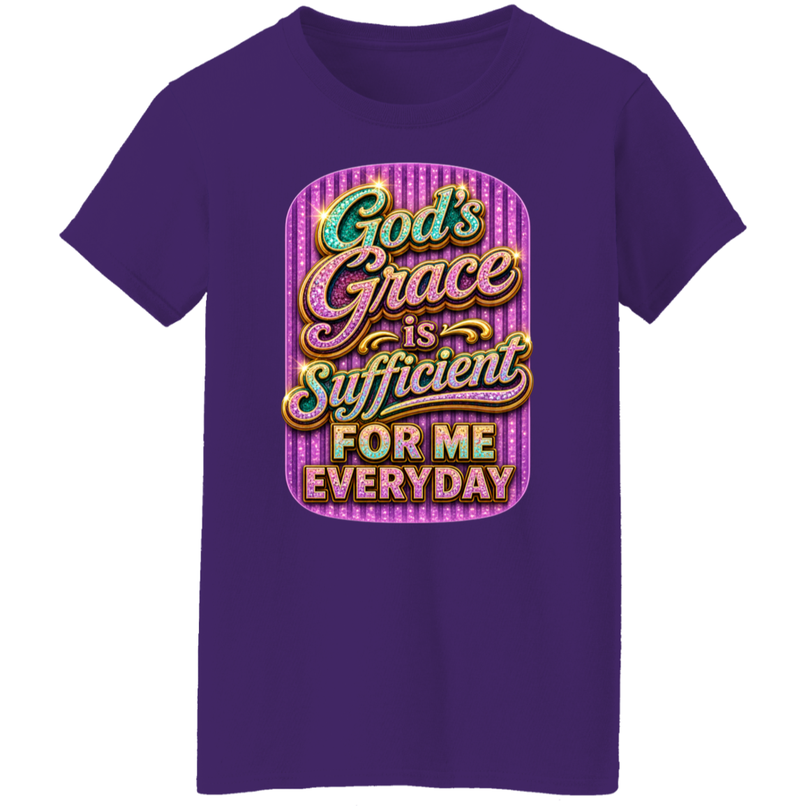 A purple short-sleeve crewneck t-shirt featuring a colorful graphic print on the front with the text 'God's Grace is Sufficient FOR ME EVERYDAY' in a stylized marquee font.