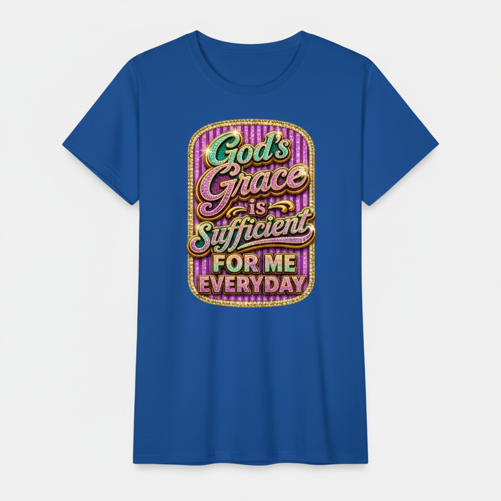 A royal blue short-sleeve t-shirt with a colorful graphic on the chest that reads 'God's Grace is Sufficient FOR ME EVERYDAY' in stylized neon-like lettering over a pink and purple striped background.