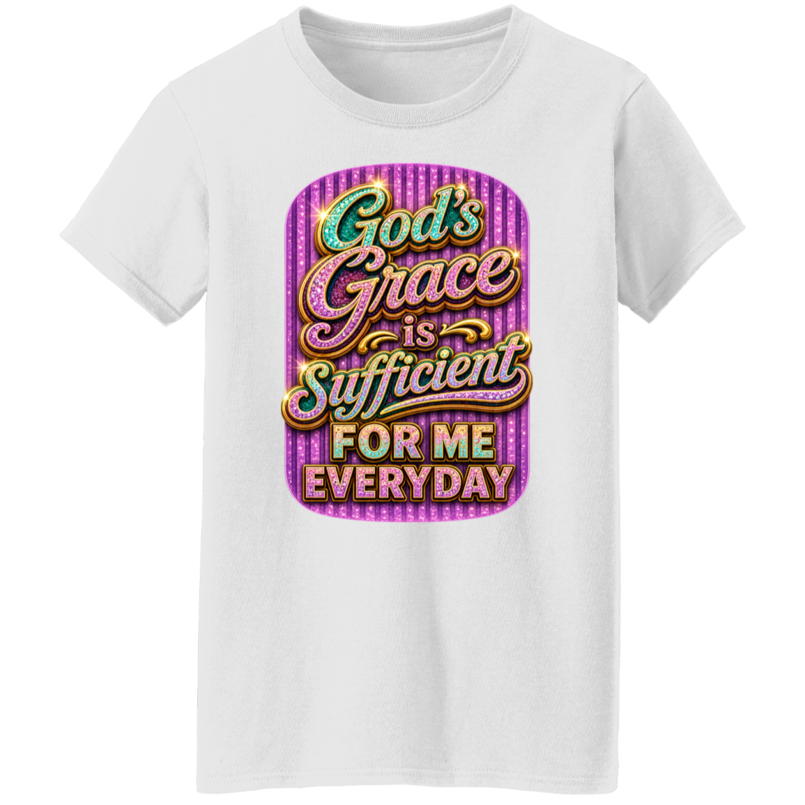 A white short-sleeve crewneck t-shirt featuring a colorful graphic print on the front. The graphic has a purple striped background and displays the text 'God's Grace is Sufficient FOR ME EVERYDAY' in stylized, glittery fonts.