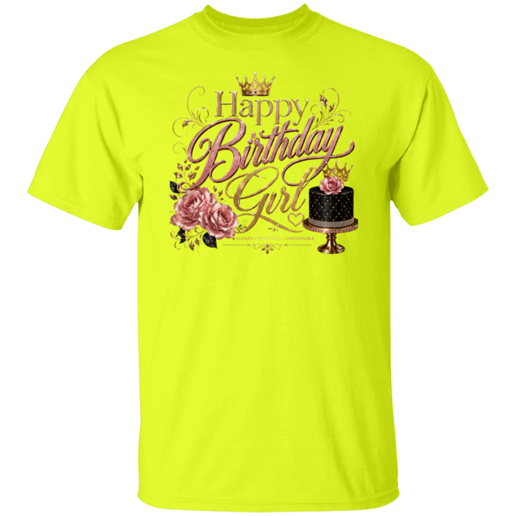 A safety green color short-sleeve t-shirt with a 'Happy Birthday Girl' graphic on the chest. The graphic features pink roses, a gold crown, and a black cake with a pink rose on a gold stand, all set against a plain white background.