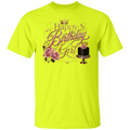A safety green color short-sleeve t-shirt with a 'Happy Birthday Girl' graphic on the chest. The graphic features pink roses, a gold crown, and a black cake with a pink rose on a gold stand, all set against a plain white background.