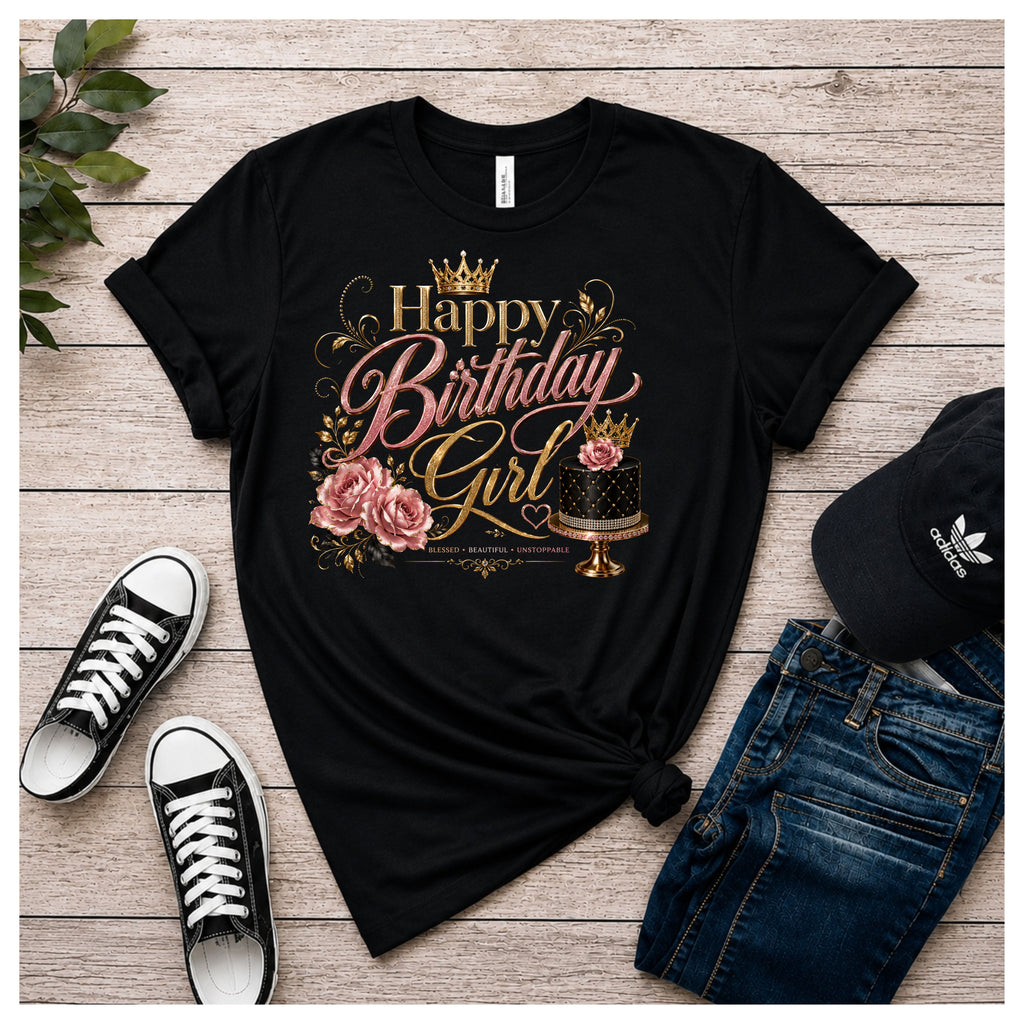 A black graphic t-shirt with a 'Happy Birthday Girl' design in gold and pink lettering, styled in a flat lay on a light wood background with black sneakers, blue jeans, and a black Adidas cap.