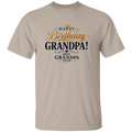 A  sand crewneck t-shirt featuring a 'Happy Birthday Grandpa! Best Grandpa Ever' graphic on the chest in navy blue and gold lettering.
