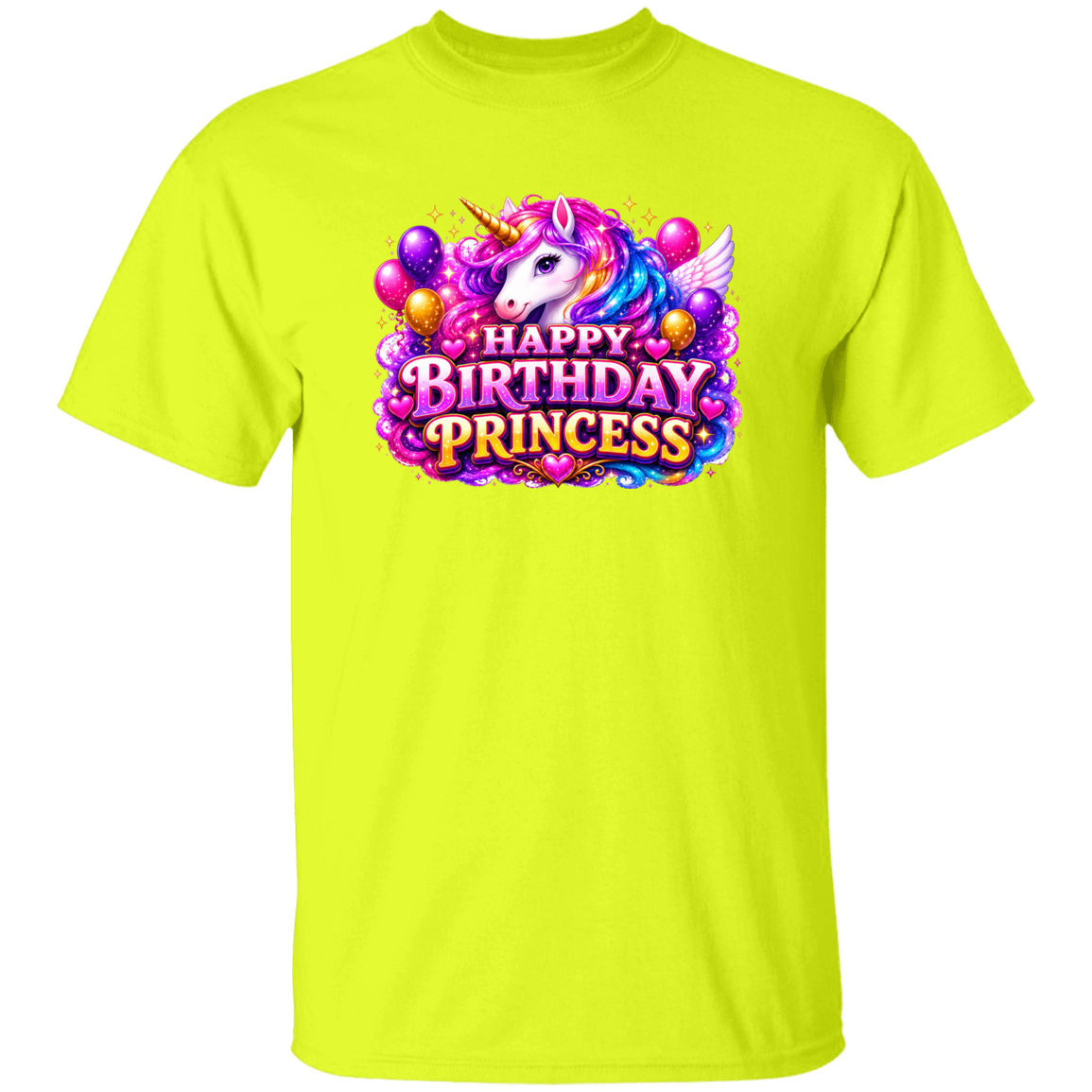 A safety green short-sleeve t-shirt with a colorful graphic on the chest featuring a unicorn, balloons, and the text 'HAPPY BIRTHDAY PRINCESS' in stylized purple and pink lettering.