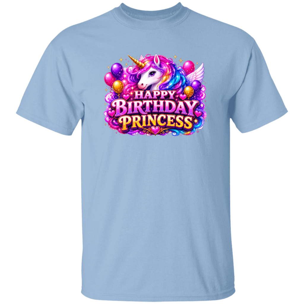 A light blue short-sleeve crewneck t-shirt featuring a colorful graphic on the chest of a unicorn, balloons, and the text 'HAPPY BIRTHDAY PRINCESS' in a playful, glittery font.