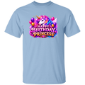 A light blue short-sleeve crewneck t-shirt featuring a colorful graphic on the chest of a unicorn, balloons, and the text 'HAPPY BIRTHDAY PRINCESS' in a playful, glittery font.