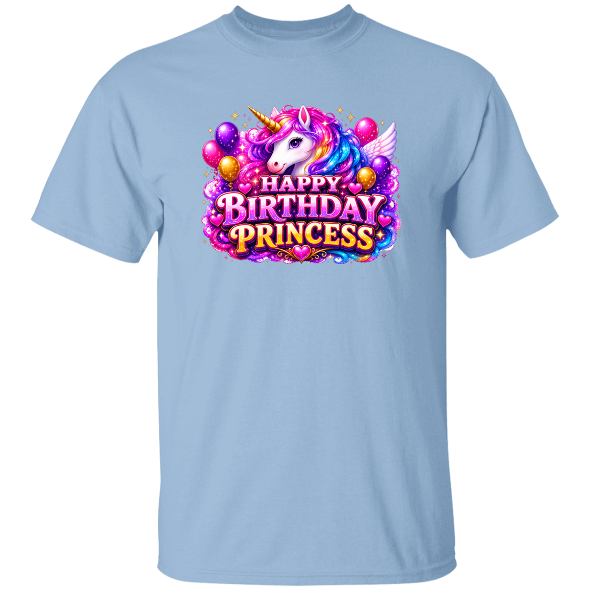 A light blue short-sleeve crewneck t-shirt featuring a colorful graphic on the chest of a unicorn, balloons, and the text 'HAPPY BIRTHDAY PRINCESS' in a playful, glittery font.