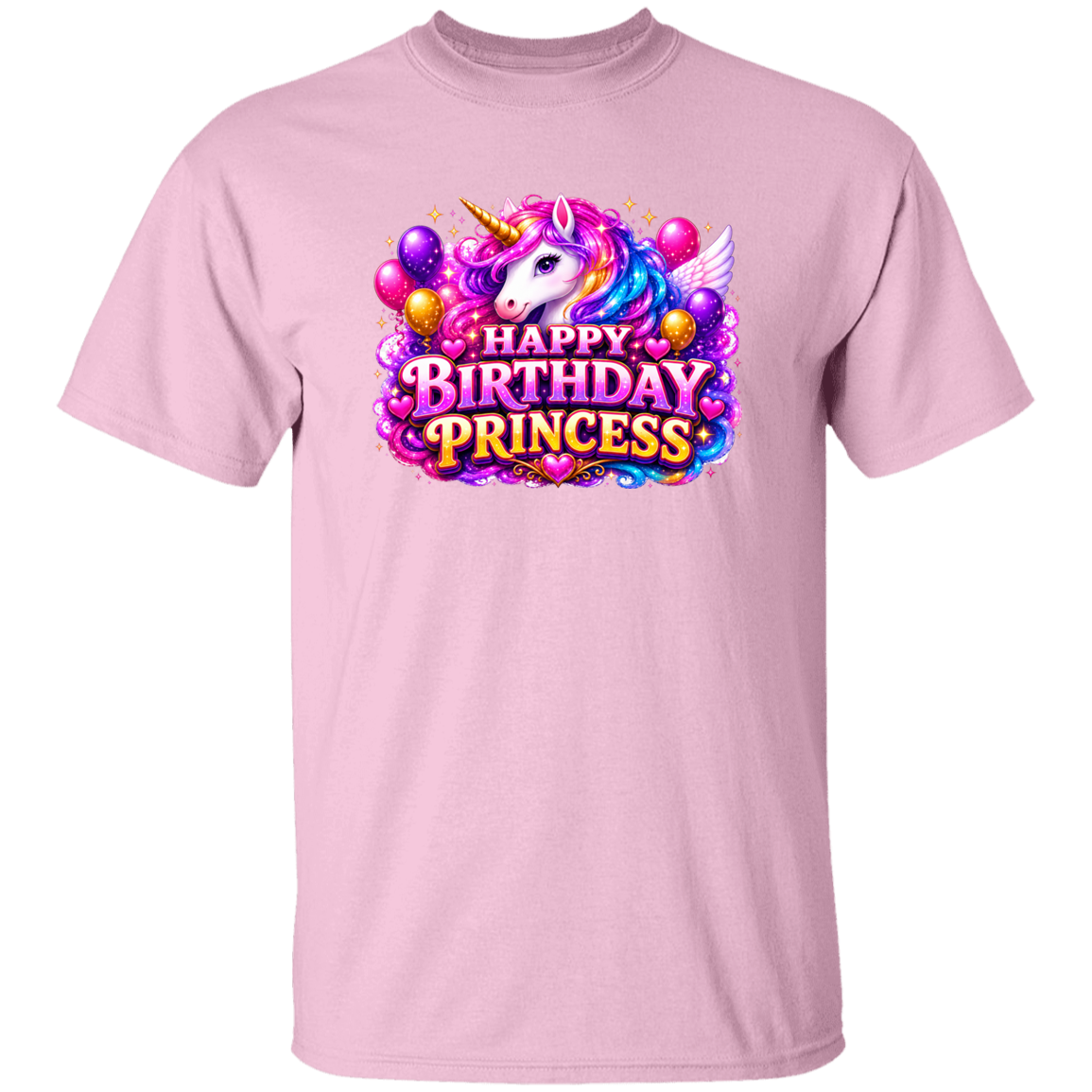 A light pink short-sleeve crewneck t-shirt featuring a colorful graphic on the chest of a unicorn surrounded by balloons and the text 'HAPPY BIRTHDAY PRINCESS' in stylized lettering.