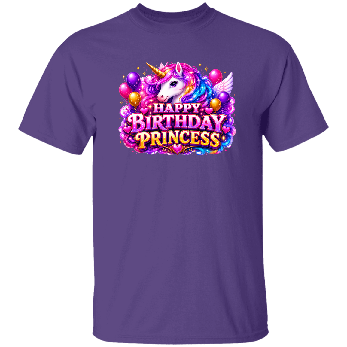 A purple short-sleeve crewneck t-shirt featuring a colorful graphic on the chest of a unicorn surrounded by balloons and the text 'HAPPY BIRTHDAY PRINCESS' in stylized lettering.