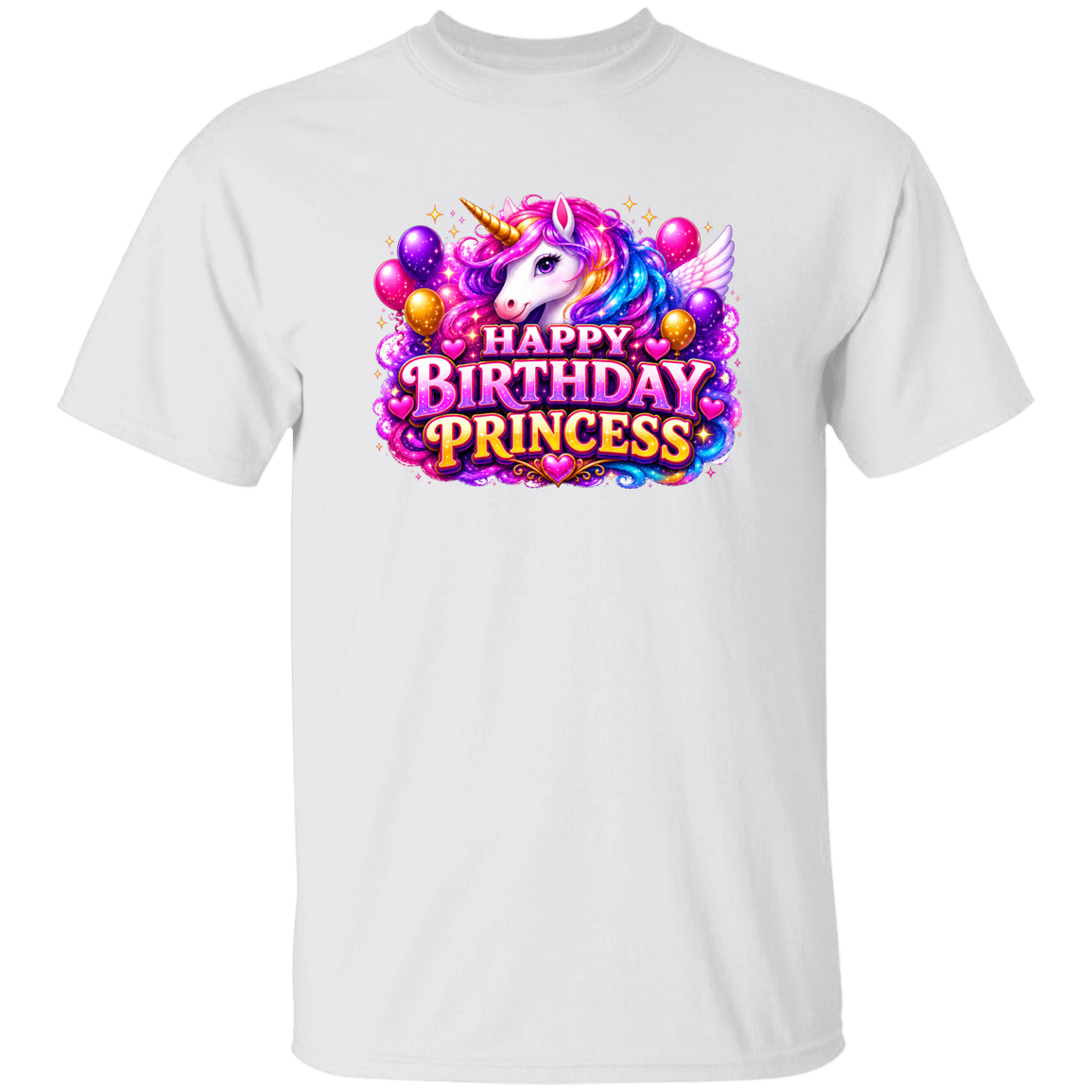 A white short-sleeve t-shirt with a colorful graphic on the chest featuring a unicorn, balloons, and the text 'HAPPY BIRTHDAY PRINCESS' in stylized purple and pink lettering.
