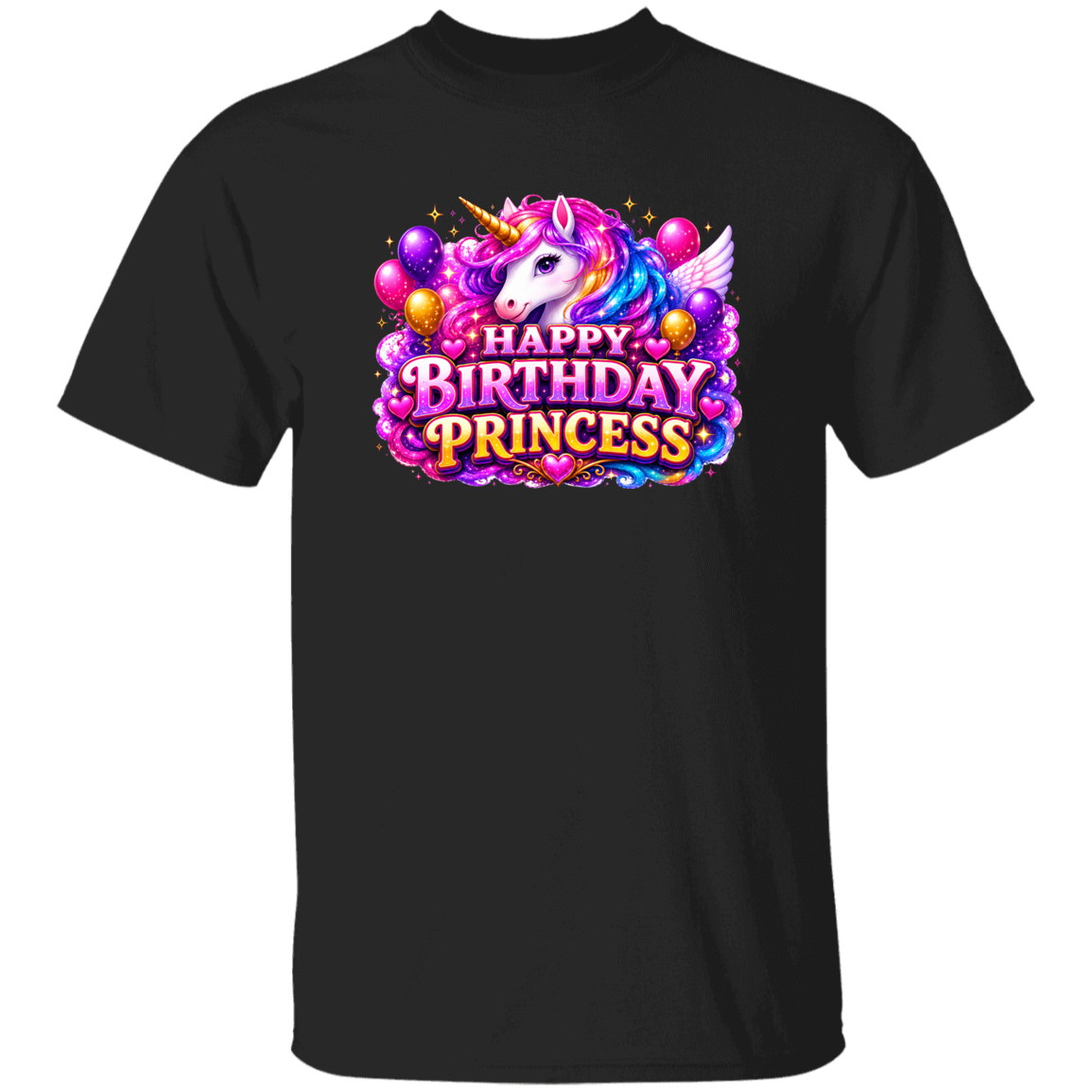 A black short-sleeve crewneck t-shirt featuring a colorful graphic print on the chest of a unicorn surrounded by balloons and the text 'HAPPY BIRTHDAY PRINCESS' in stylized pink and gold lettering.