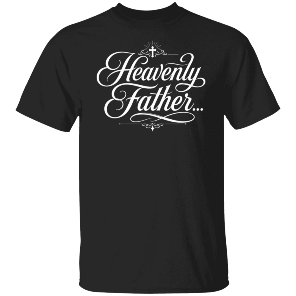 A black color short-sleeve crewneck t-shirt featuring the words 'Heavenly Father.