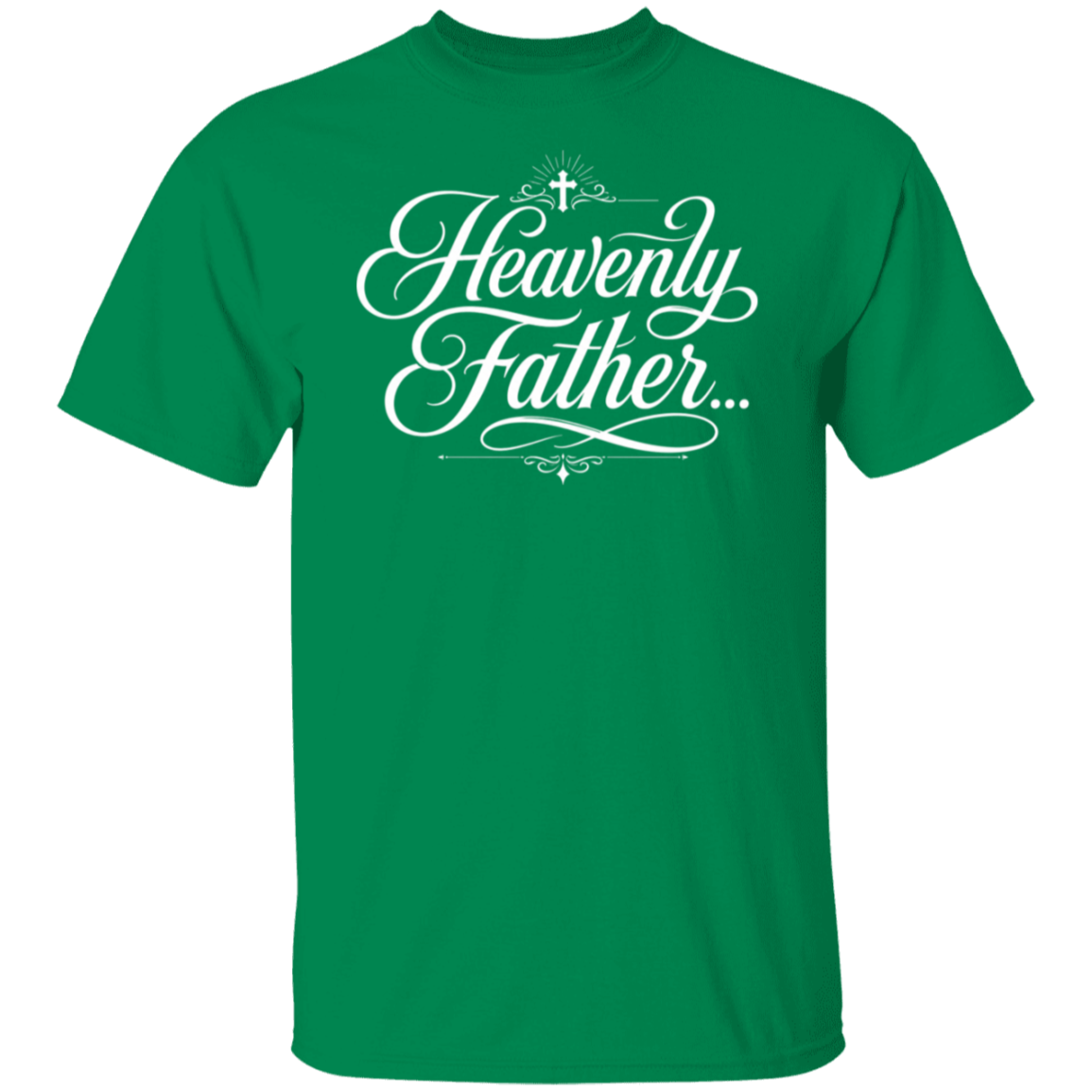 A turf green color short-sleeve crewneck t-shirt with 'Heavenly Father.