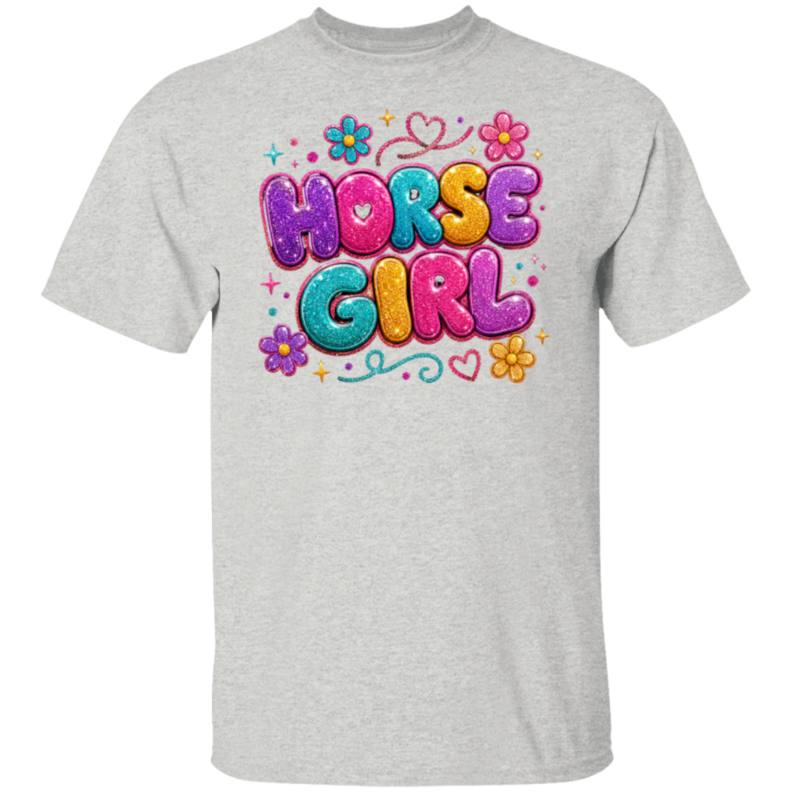 An ash color short-sleeve t-shirt featuring a colorful graphic print on the chest that reads 'HORSE GIRL' in bubbly, glitter-textured letters with flowers and hearts.