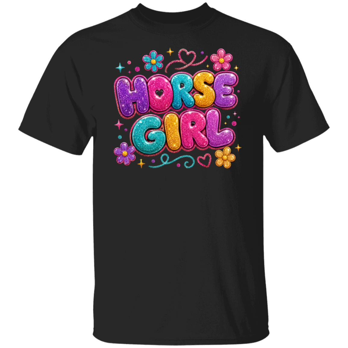 A black color short-sleeve crewneck t-shirt featuring a colorful graphic on the chest that reads 'HORSE GIRL' in glittery bubble letters with flowers and hearts.