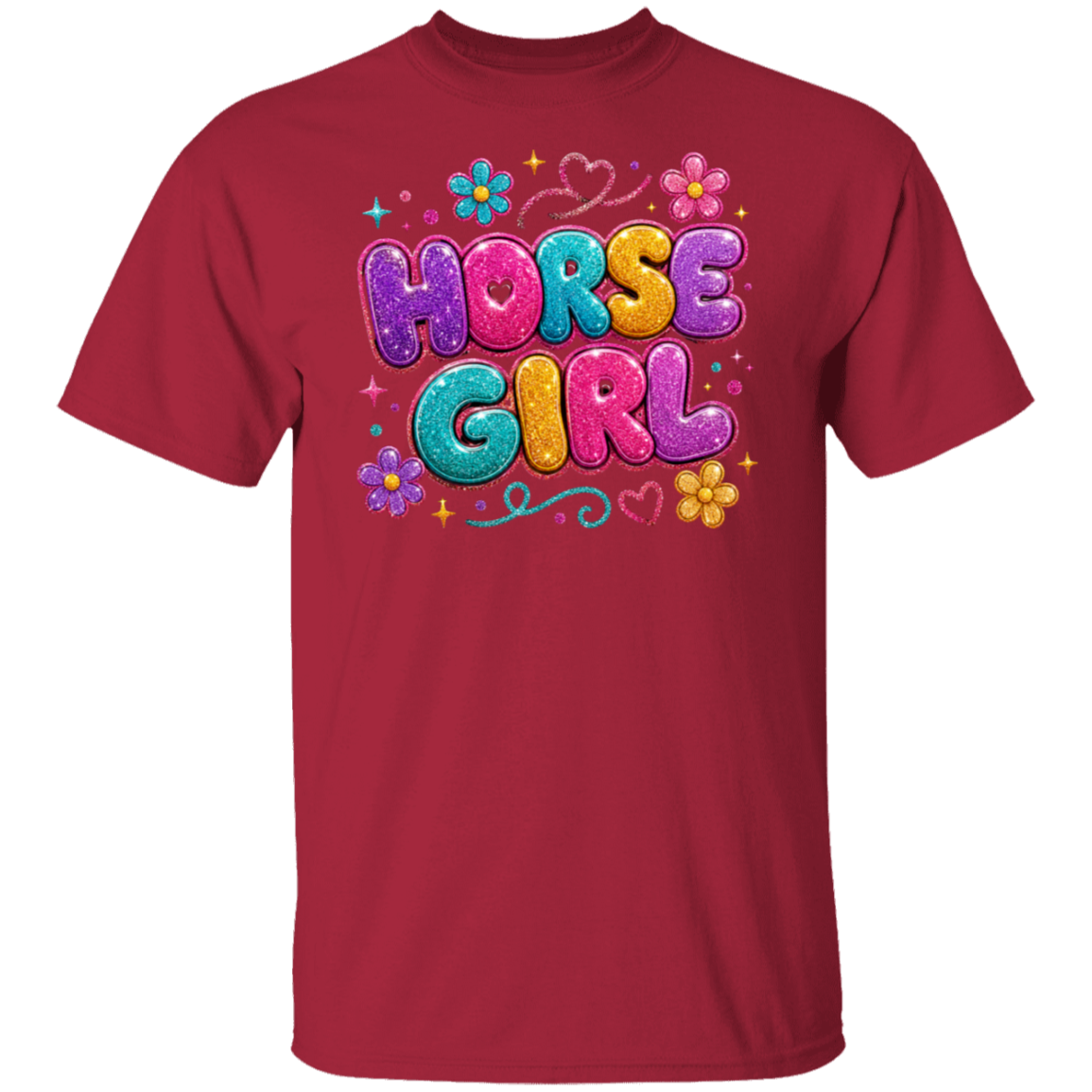 A cardinal color short-sleeve crewneck t-shirt featuring a colorful graphic on the chest that reads 'HORSE GIRL' in glittery, bubble letters with flowers and hearts.