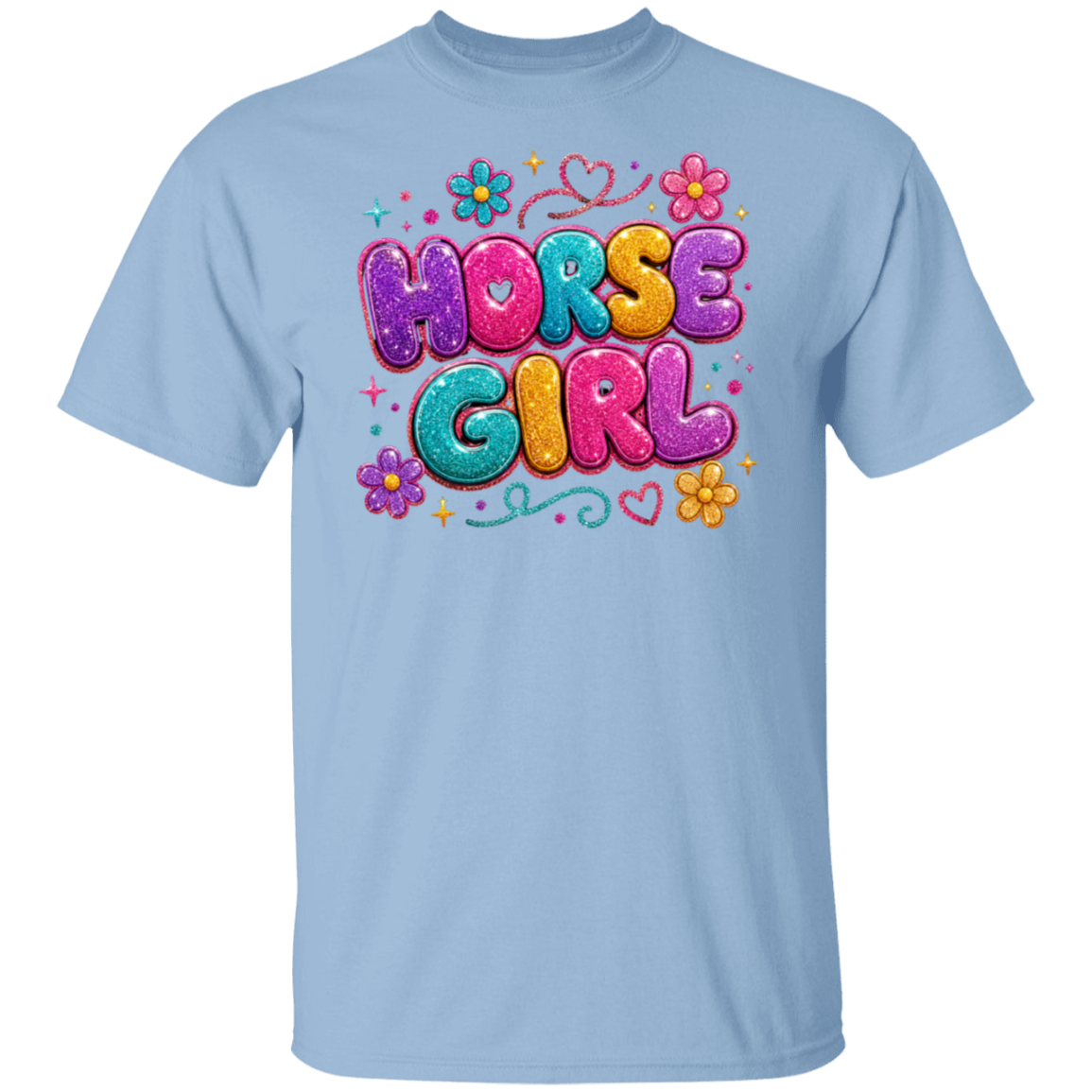 A light blue color short-sleeve crewneck t-shirt featuring a colorful graphic print on the chest that reads 'HORSE GIRL' in bubbly, glitter-textured letters with flowers and hearts.