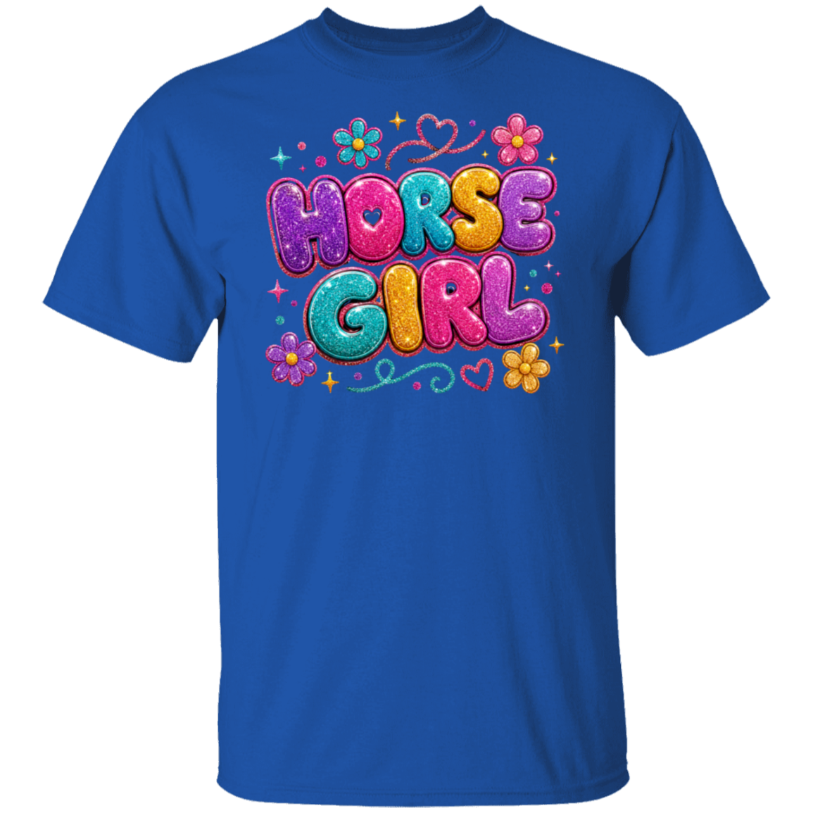 A royal blue color short-sleeve t-shirt with a colorful graphic on the chest reading 'HORSE GIRL' in glittery, bubble letters surrounded by small flowers and hearts.