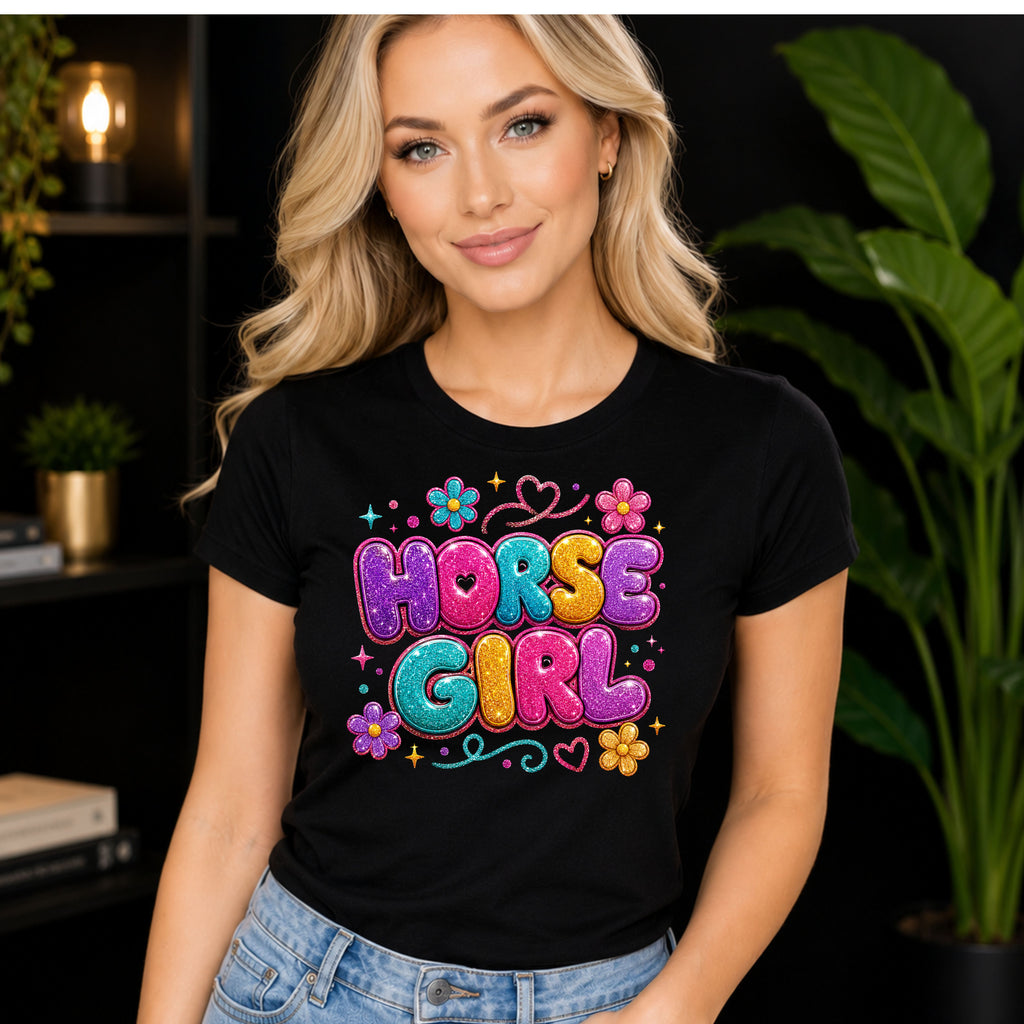 A woman wearing a black graphic t-shirt with a colorful 'HORSE GIRL' design in glittery letters and flowers, set against a dark indoor background with plants.