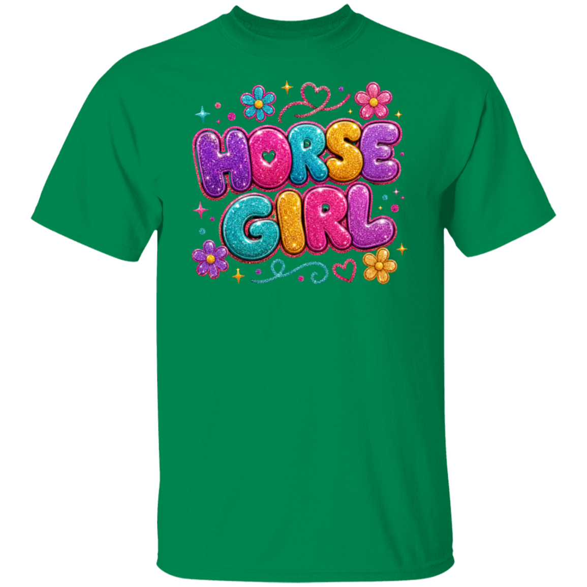 A turf green color short-sleeve crewneck t-shirt featuring a colorful graphic on the chest that reads 'HORSE GIRL' in glittery bubble letters with flowers and hearts.