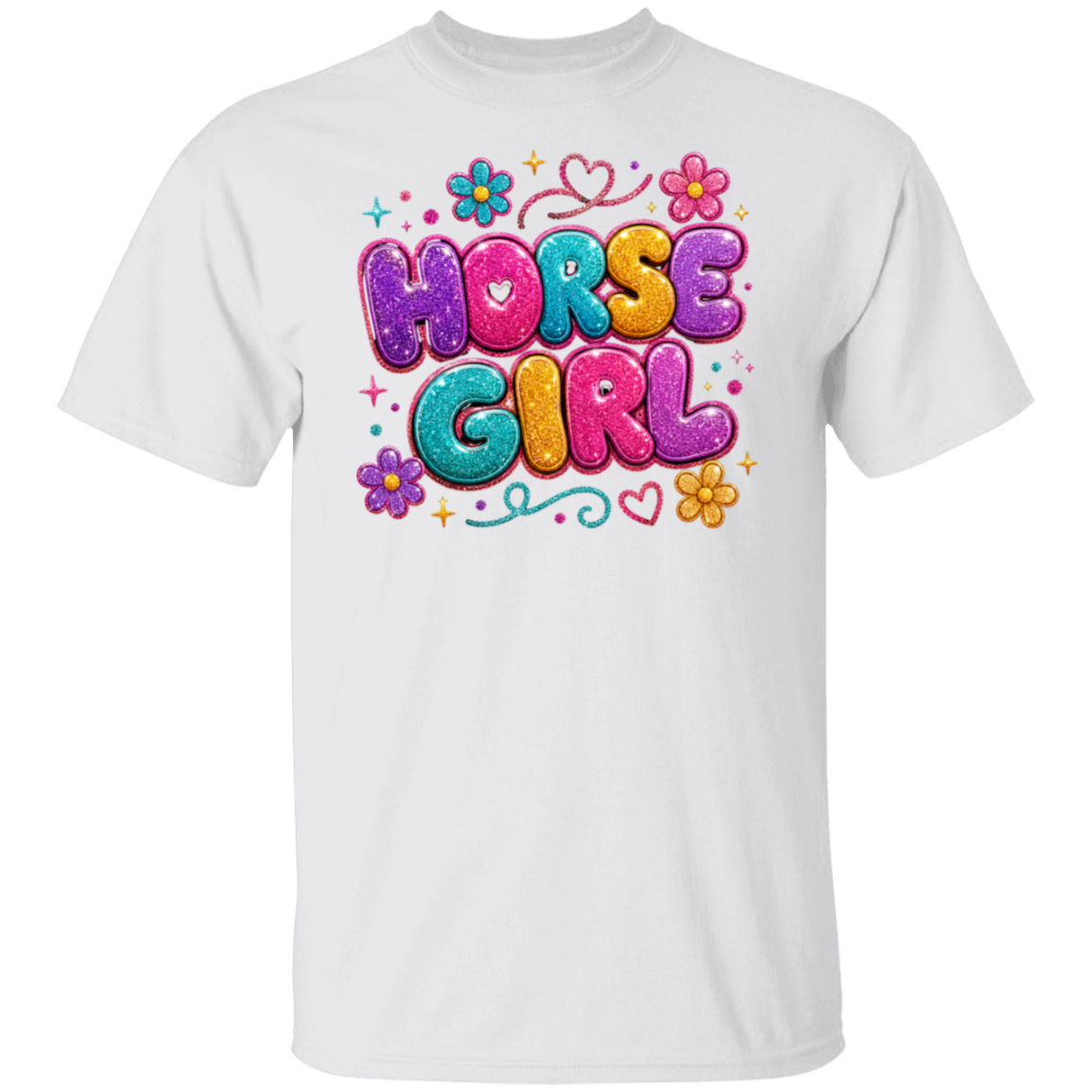 A white color short-sleeve crewneck t-shirt featuring a colorful graphic print on the chest that reads 'HORSE GIRL' in bubbly, glitter-textured letters with flowers and hearts.