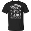 A black short-sleeve crewneck t-shirt with a white graphic print on the front featuring a jack-o'-lantern, bats, and the text 'HALLOWEEN Mode ALL DAY EVERY DAY No Tricks, Just Treats'.
