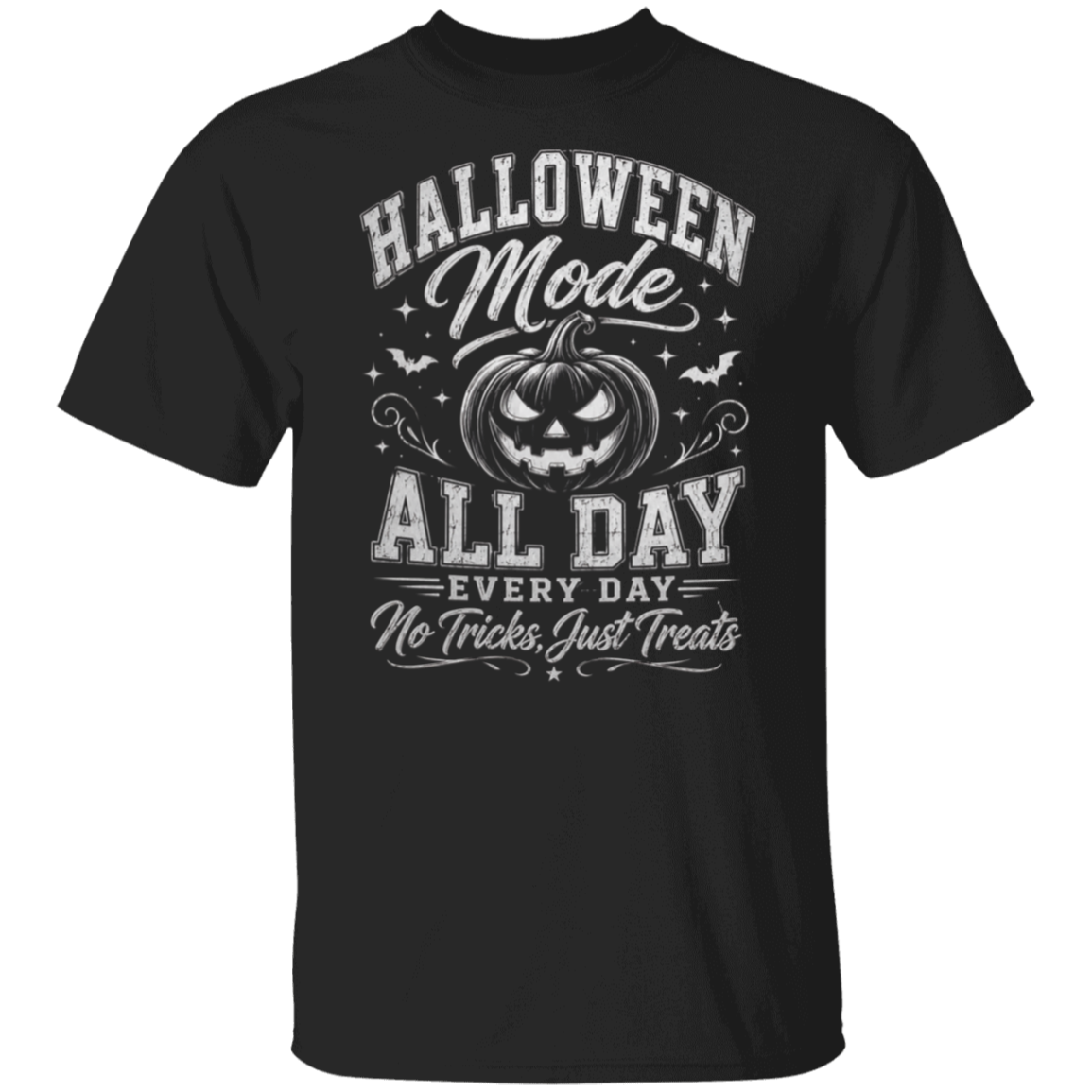 A black short-sleeve crewneck t-shirt with a white graphic print on the front featuring a jack-o'-lantern, bats, and the text 'HALLOWEEN Mode ALL DAY EVERY DAY No Tricks, Just Treats'.