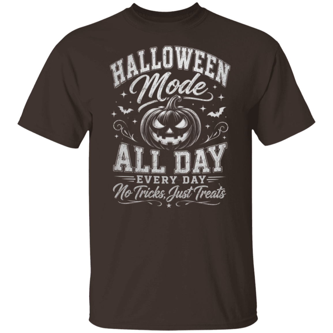 A dark chocolate short-sleeve crewneck t-shirt with a white graphic print on the front that reads 'HALLOWEEN Mode ALL DAY EVERY DAY No Tricks, Just Treats' surrounding a jack-o'-lantern illustration.
