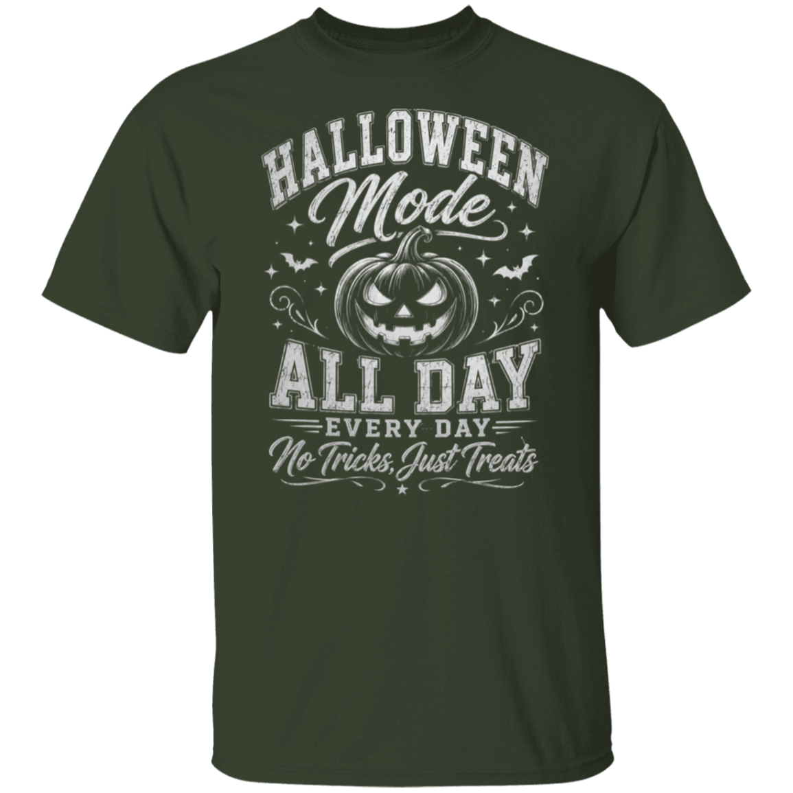 A dark forest green short-sleeve t-shirt with a white graphic print on the front. The graphic features a jack-o'-lantern pumpkin, bats, and the text 'HALLOWEEN Mode ALL DAY EVERY DAY No Tricks, Just Treats'.