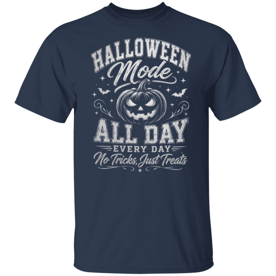 A navy blue short-sleeve crewneck t-shirt with a white graphic print on the front that reads 'HALLOWEEN Mode ALL DAY EVERY DAY No Tricks, Just Treats' surrounding a jack-o'-lantern illustration.