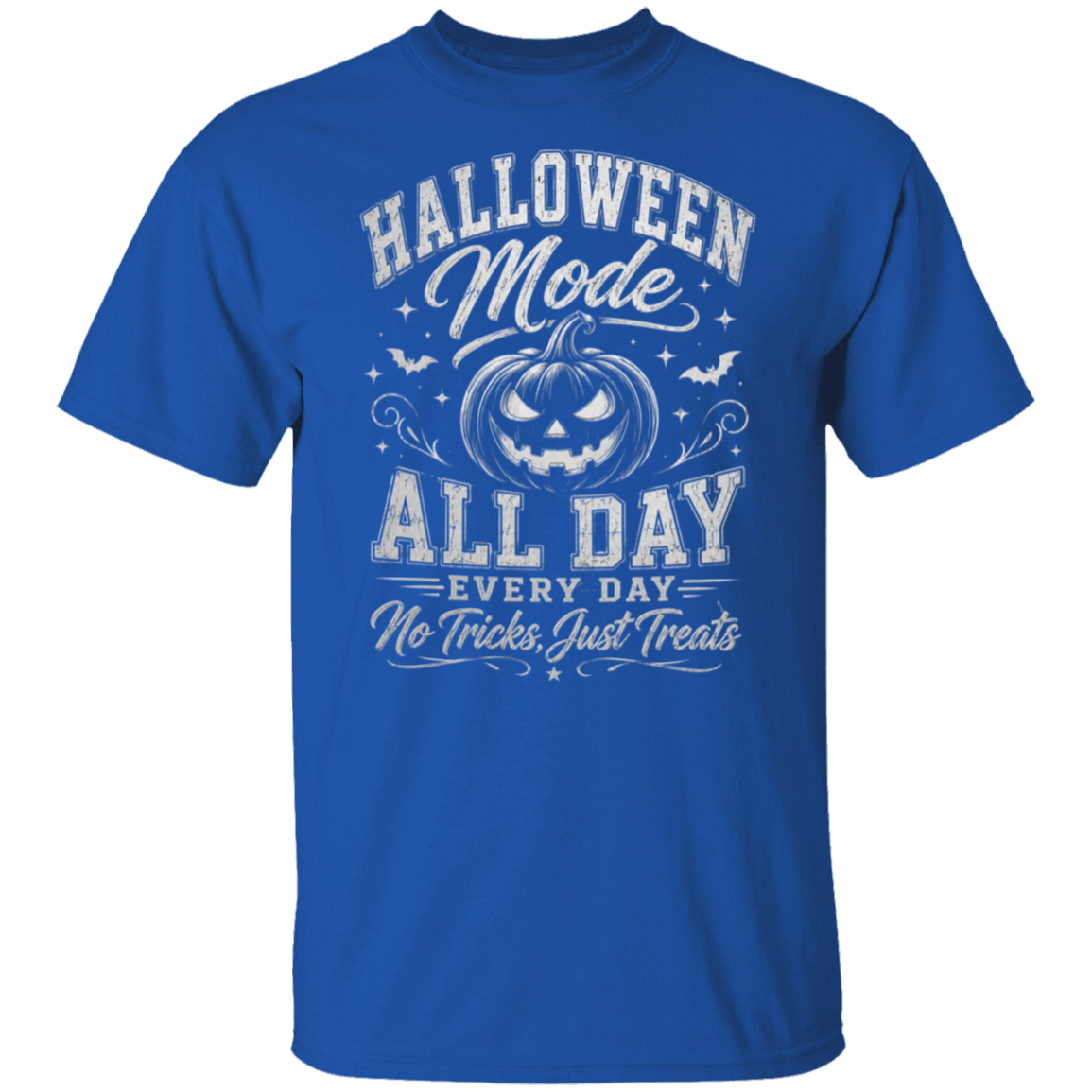 A royal blue short-sleeve crewneck t-shirt featuring a white graphic print on the front with the text 'HALLOWEEN Mode ALL DAY EVERY DAY No Tricks, Just Treats' and an illustration of a jack-o'-lantern.