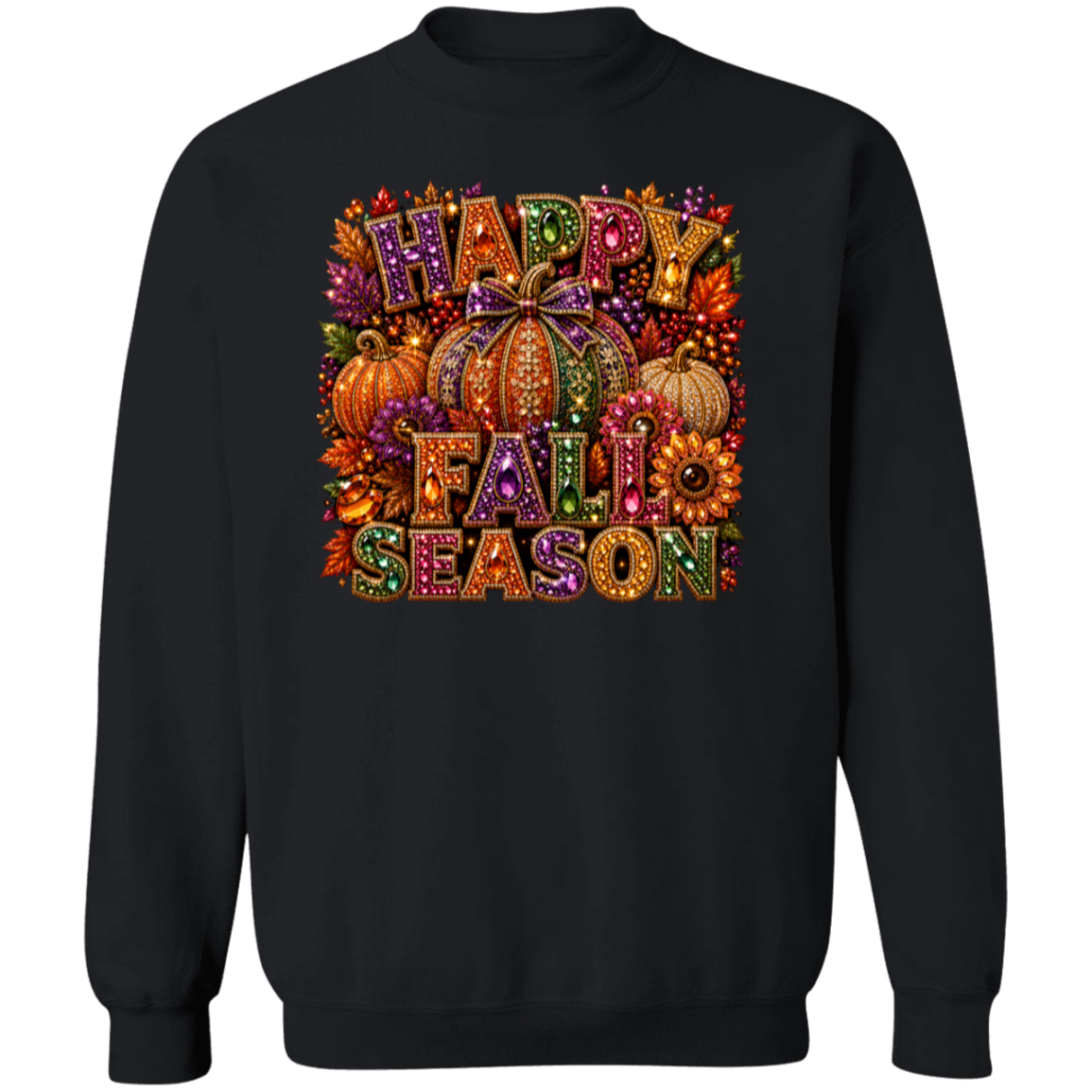 A black crewneck sweatshirt featuring a colorful 'Happy Fall Season' graphic print on the chest, decorated with pumpkins, autumn leaves, and flowers.