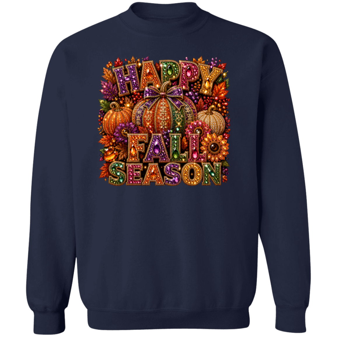 A navy blue crewneck sweatshirt featuring a colorful graphic print on the front with the text 'HAPPY FALL SEASON' surrounded by pumpkins, autumn leaves, and flowers.