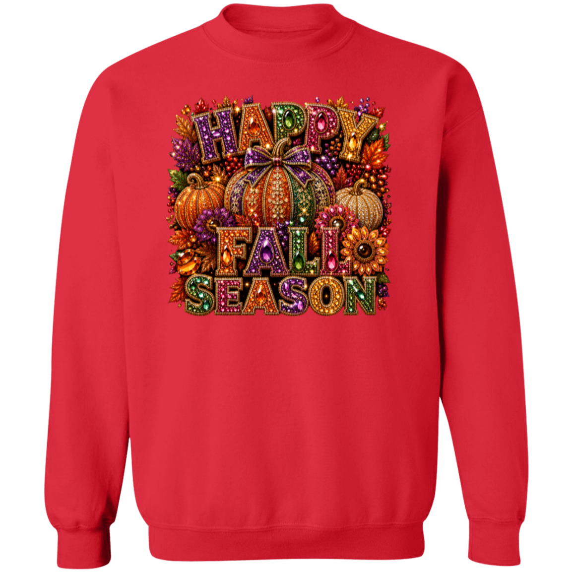 A red crewneck sweatshirt featuring a large, colorful 'Happy Fall Season' graphic on the chest, complete with pumpkins, autumn leaves, and decorative lettering.