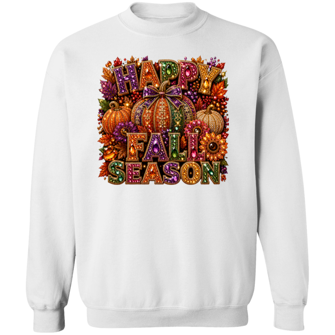 A white crewneck sweatshirt featuring a colorful 'Happy Fall Season' graphic print on the chest, complete with pumpkins, autumn leaves, and flowers.