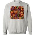 A light gray crewneck sweatshirt featuring a large, colorful 'Happy Fall Season' graphic on the chest, complete with pumpkins, autumn leaves, and flowers.