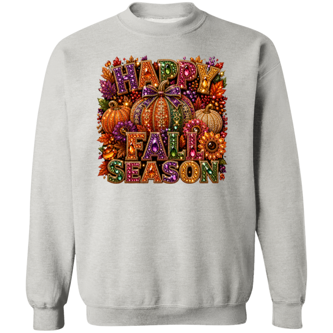 A light gray crewneck sweatshirt featuring a large, colorful 'Happy Fall Season' graphic on the chest, complete with pumpkins, autumn leaves, and flowers.
