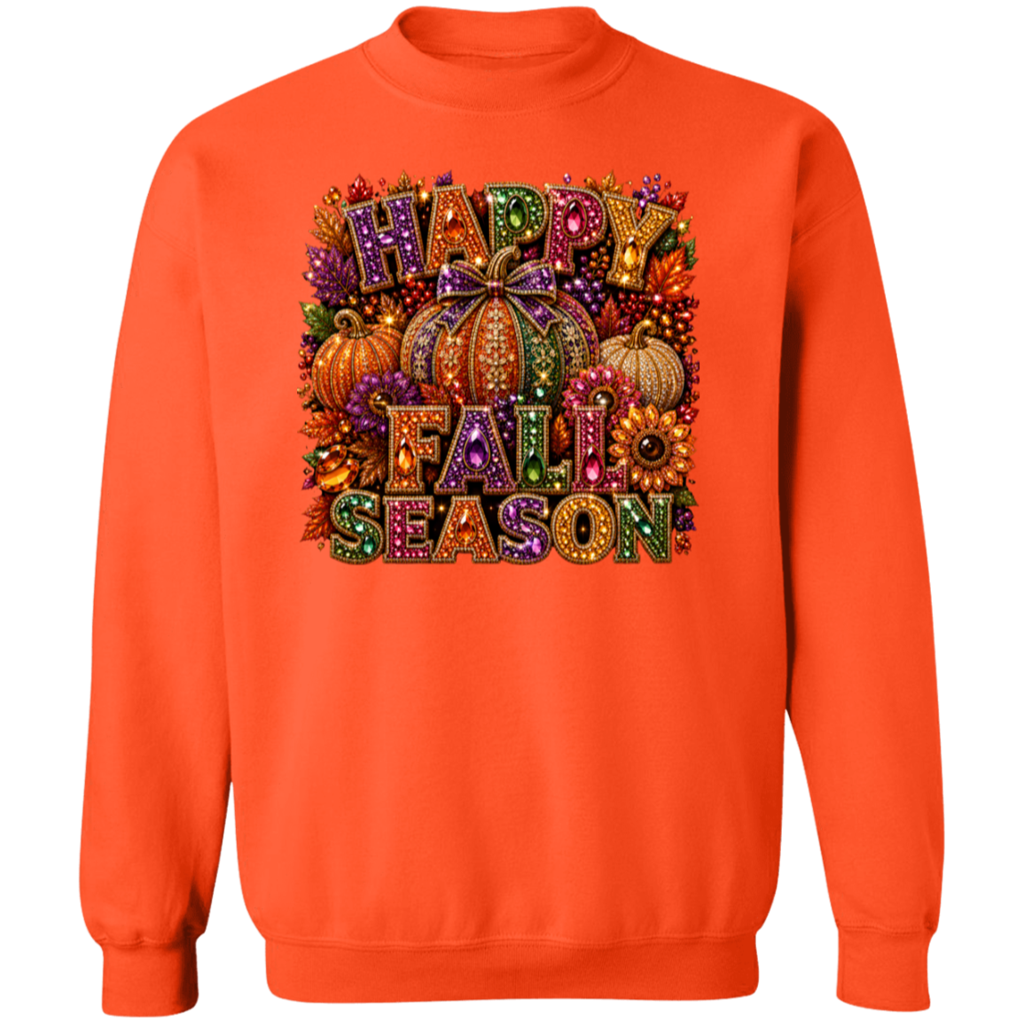 A bright orange crewneck sweatshirt featuring a large, colorful 'Happy Fall Season' graphic on the chest with pumpkins, autumn leaves, and fall foliage.