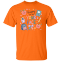 A safety orange short-sleeve crewneck t-shirt featuring a colorful school-themed graphic on the chest with the text 'happy to see YOUR FACE' surrounded by cute cartoon illustrations of an apple, notebook, pencil, backpack, and bow.