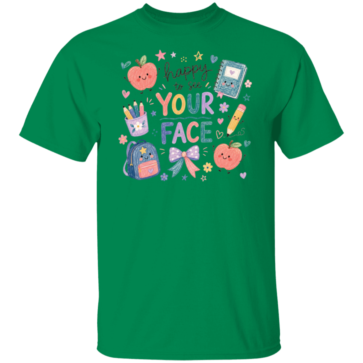 A turf green short-sleeve crewneck t-shirt featuring a colorful school-themed graphic on the chest with the text 'makeup your face' surrounded by cute illustrations of an apple, notebook, pens, backpack, and bow.