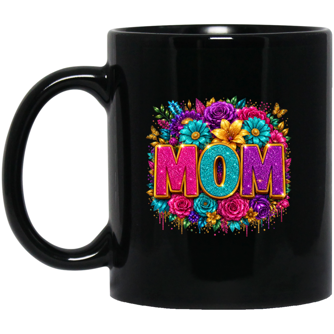 A glossy black ceramic mug featuring a vibrant, colorful graphic on the side. The graphic displays the word 'MOM' in glittery pink and purple letters, surrounded by a dense border of multicolored flowers including pink, blue, yellow, and purple, with a dripping paint effect at the bottom.