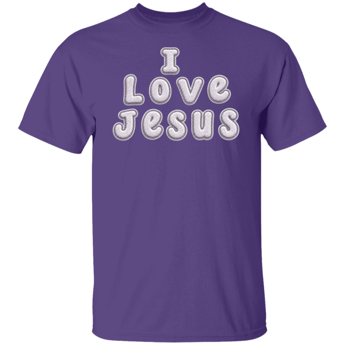 A purple short-sleeve crewneck t-shirt featuring the text 'I Love Jesus' printed on the chest in a white bubble font with a gray outline.