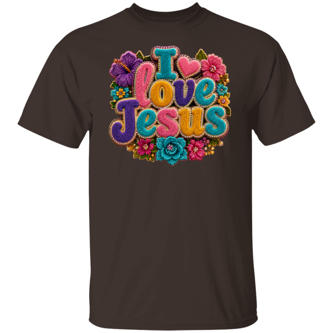 A dark chocolate color short-sleeve crewneck t-shirt featuring a colorful graphic on the chest that reads 'I love Jesus' in stylized, textured letters surrounded by flowers.