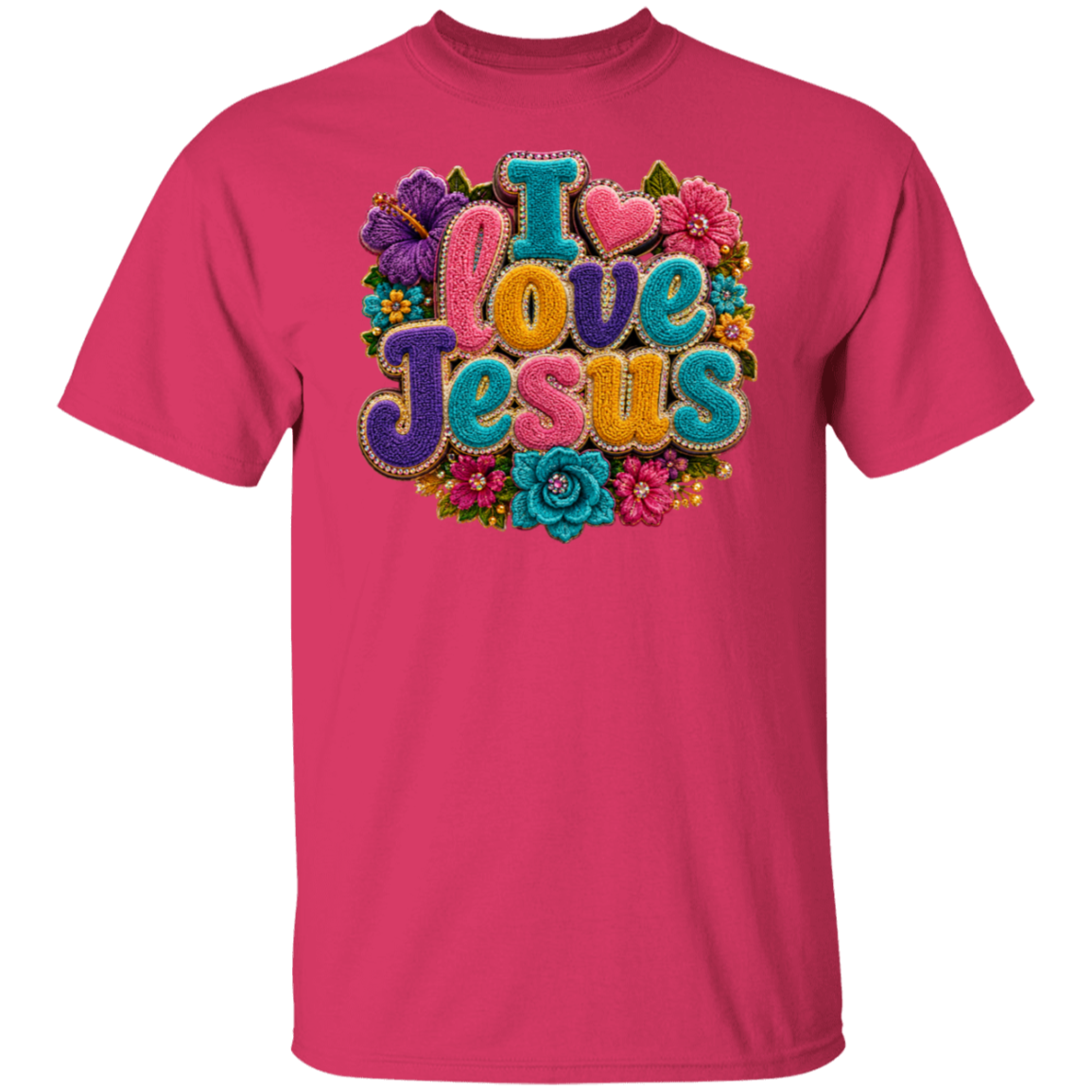 A heliconia coor short-sleeve crewneck t-shirt featuring a colorful graphic on the chest that reads 'I love Jesus' in stylized, textured lettering surrounded by flowers.