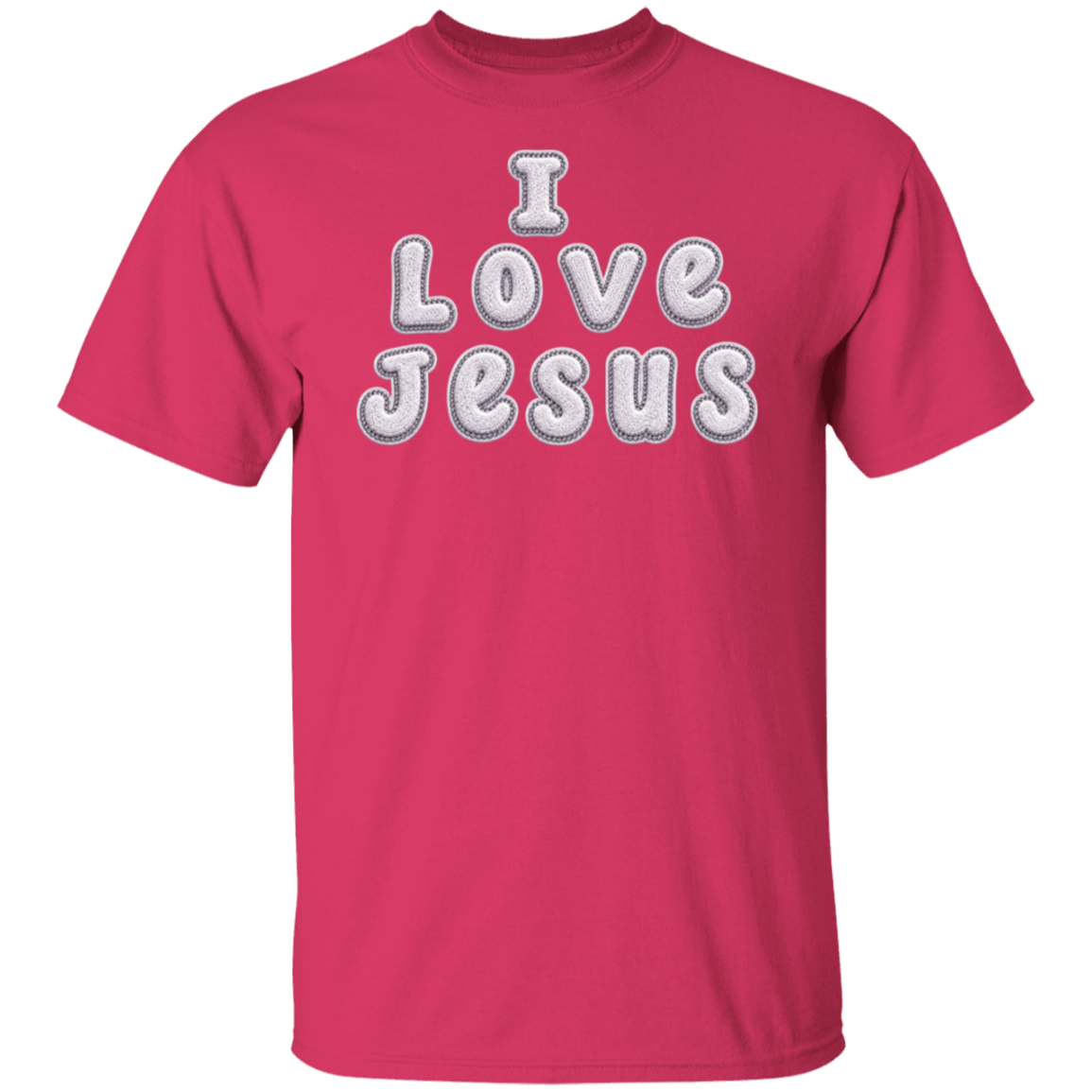 A heliconia color short-sleeve t-shirt with the text 'I Love Jesus' printed across the chest in a white bubble font with a gray shadow.